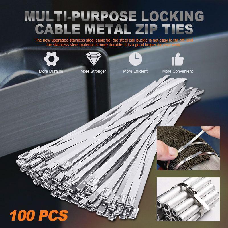 100PCS Multi-Purpose Locking Cable Metal Zip Ties